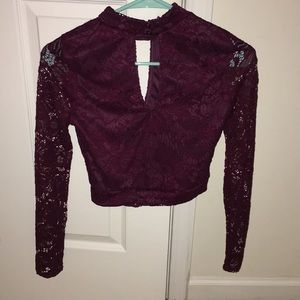 Burgundy Lace Long Sleeve Crop Top